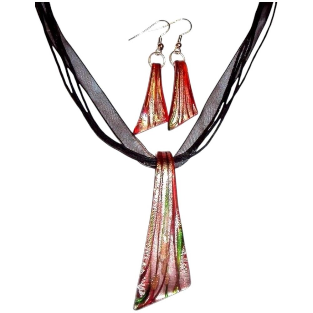 MN320 Red & Silver Foil 68mm Lampwork Glass Drop 18" Ribbon Necklace & Earrings